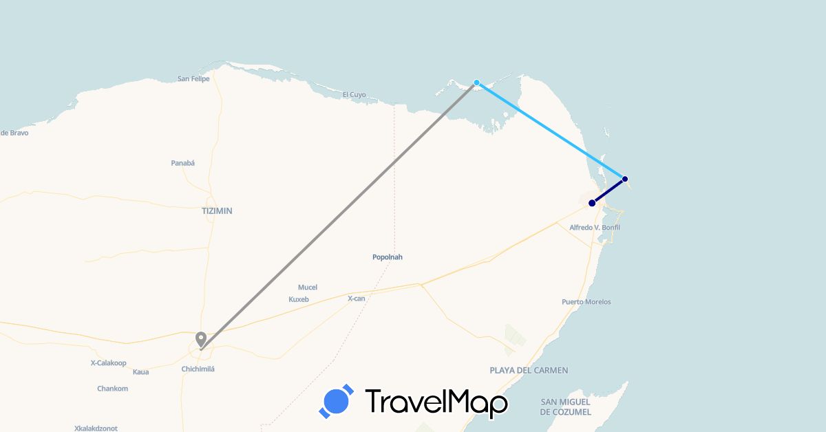 TravelMap itinerary: driving, plane, boat in Mexico (North America)